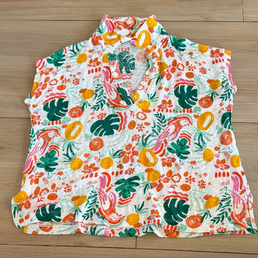 C&C California‎ 100% Linen Tropical Parrot Pineapple Print Split Neck Top Small